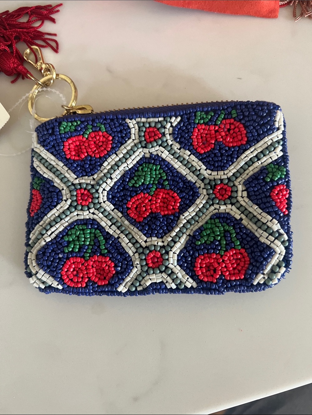 Anthropologie Beaded Cherry Coin Purse - Blue / Red